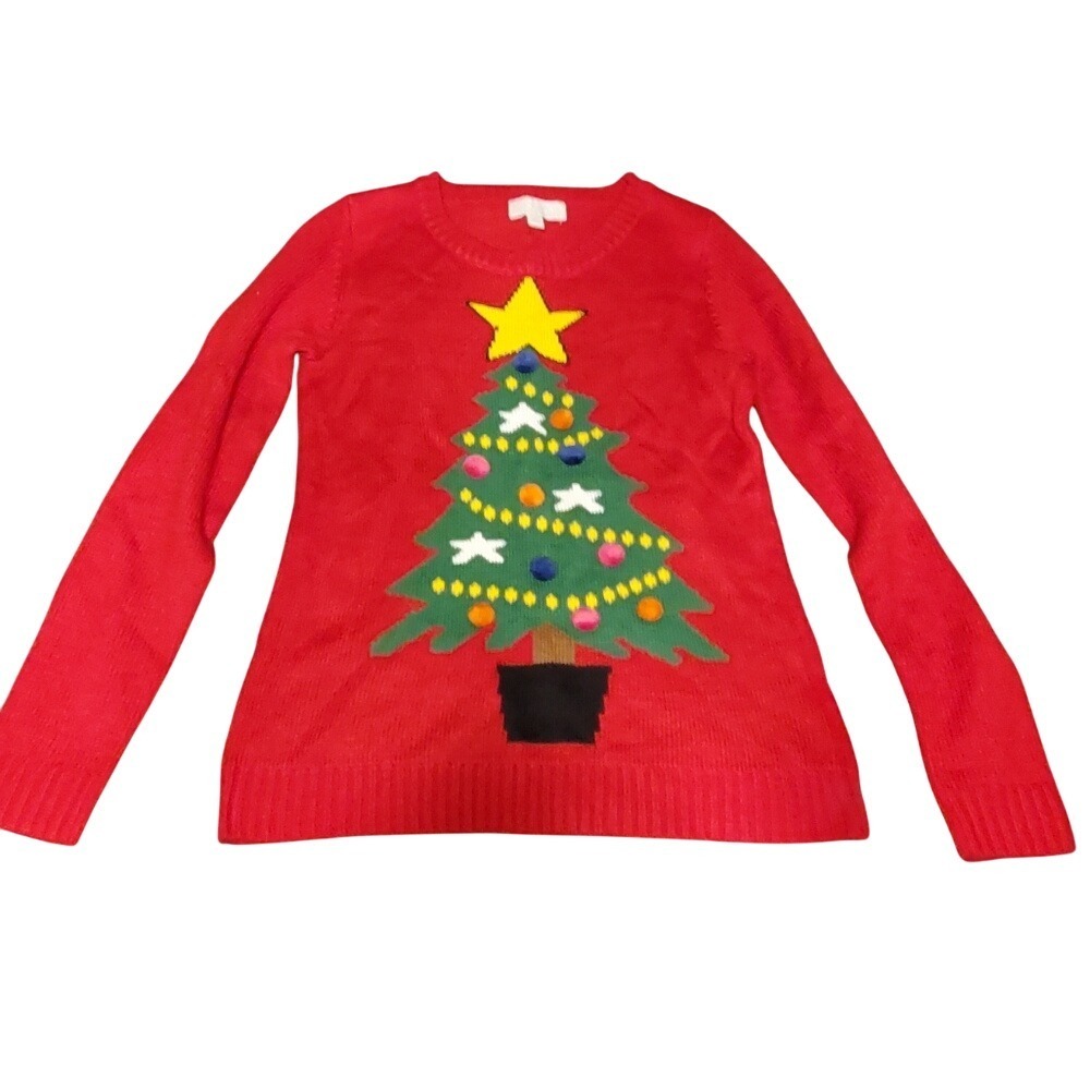 Ugly‎ Christmas Sweater Red Christmas Tree pom pom Party Holiday SZ:S
